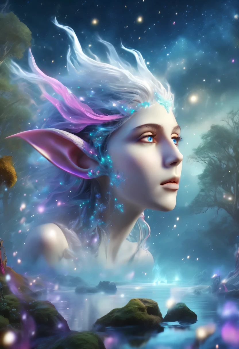 hyper detailed masterpiece, Dynamic, good quality,Liquor_dark，Elf portrait made of colorful stars，(Pointy-eared elves:1.5)，flowing skirt，cigarette hair，jungle，firefly，unrealistic，The tree of life blooms with endless vitality，Twinkling stars in the night sky，Overlapping clouds and fog，Whimsical fantasy landscape art, Beautiful Art Ultra HD 8K, 8K highly detailed digital art, Beautiful and detailed fantasy, epic fantasy landscape, Mysterious and dreamy scenery, Magic fantasy very detailed, magical scenery, Made up of big snowflakes and dreamy floating fairy islands, Detailed fantasy digital art, 8K detailed digital art