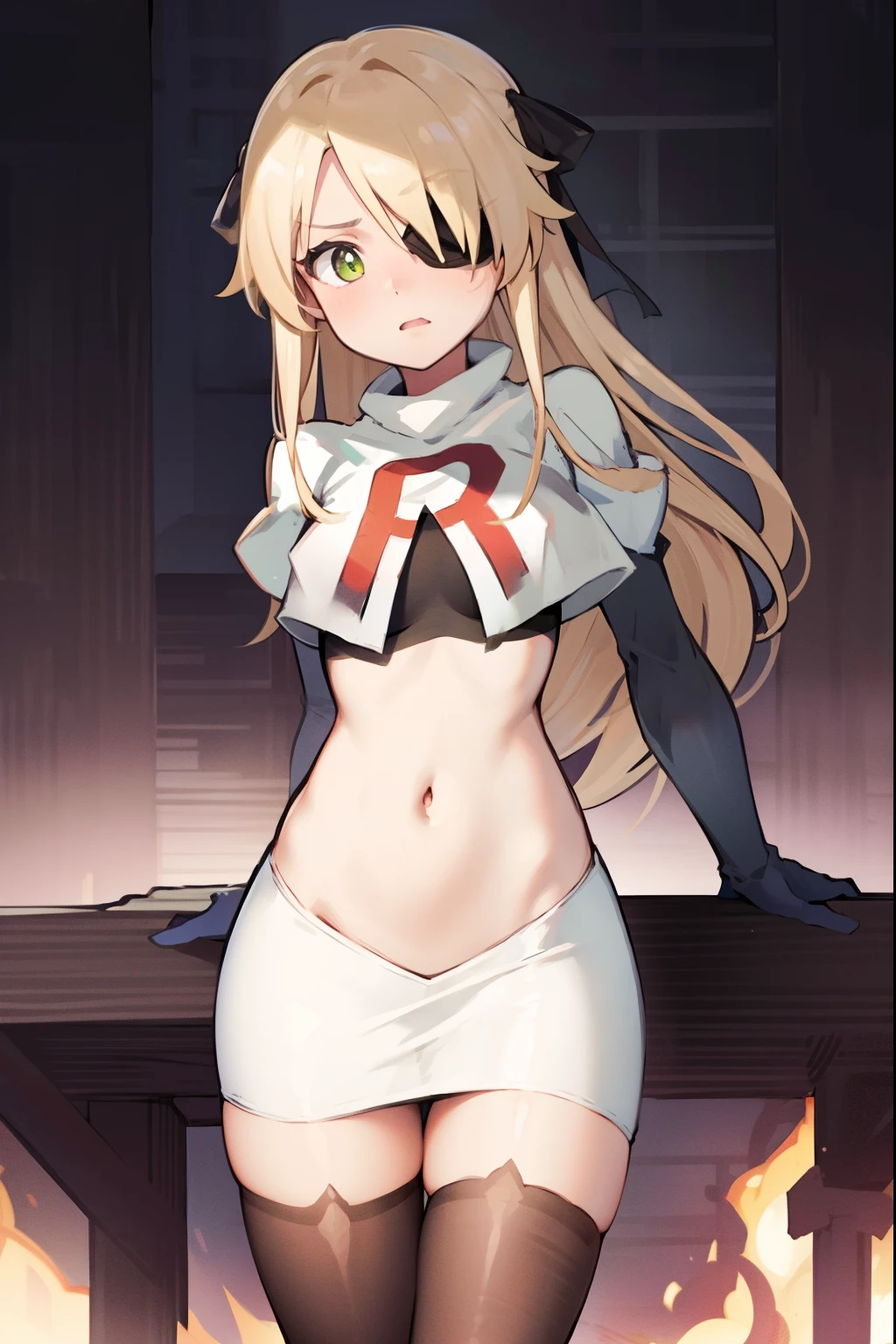 absurdres, fischl (dunkelnacht sakrament) (genshin impact), green eyes, (white pupils:1.2), fischl (genshin impact), medium_breasts, blonde hair, eyepatch, long hair, hair over one eye, bangs, hair ribbon, small breasts, 1girl, team rocket,team rocket uniform,white skirt,red letter R,crop top,black thigh-highs,black elbow gloves, embarrassed, blush