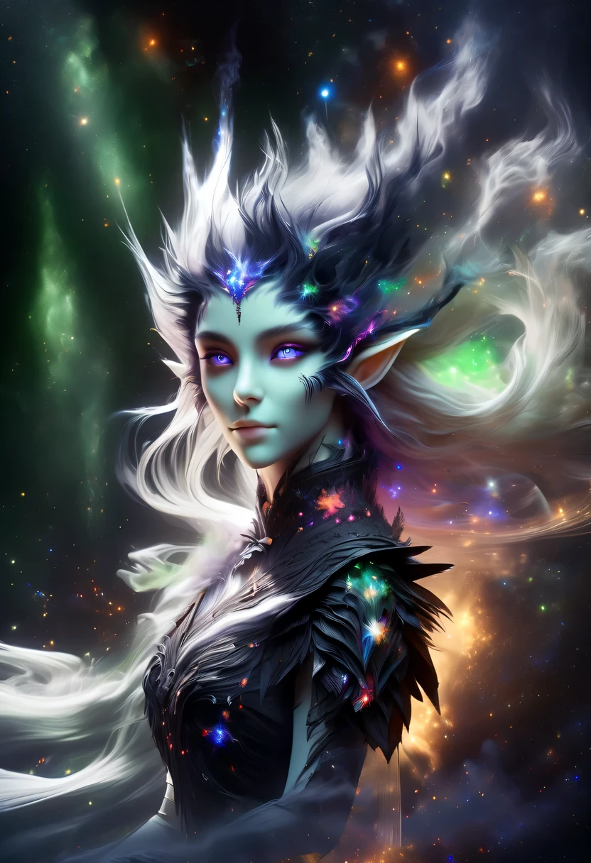 hyper detailed masterpiece, Dynamic, good quality,Liquor_dark,Elf portrait made of colorful stars,Pointy ear flowing skirt,cigarette hair,jungle,firefly