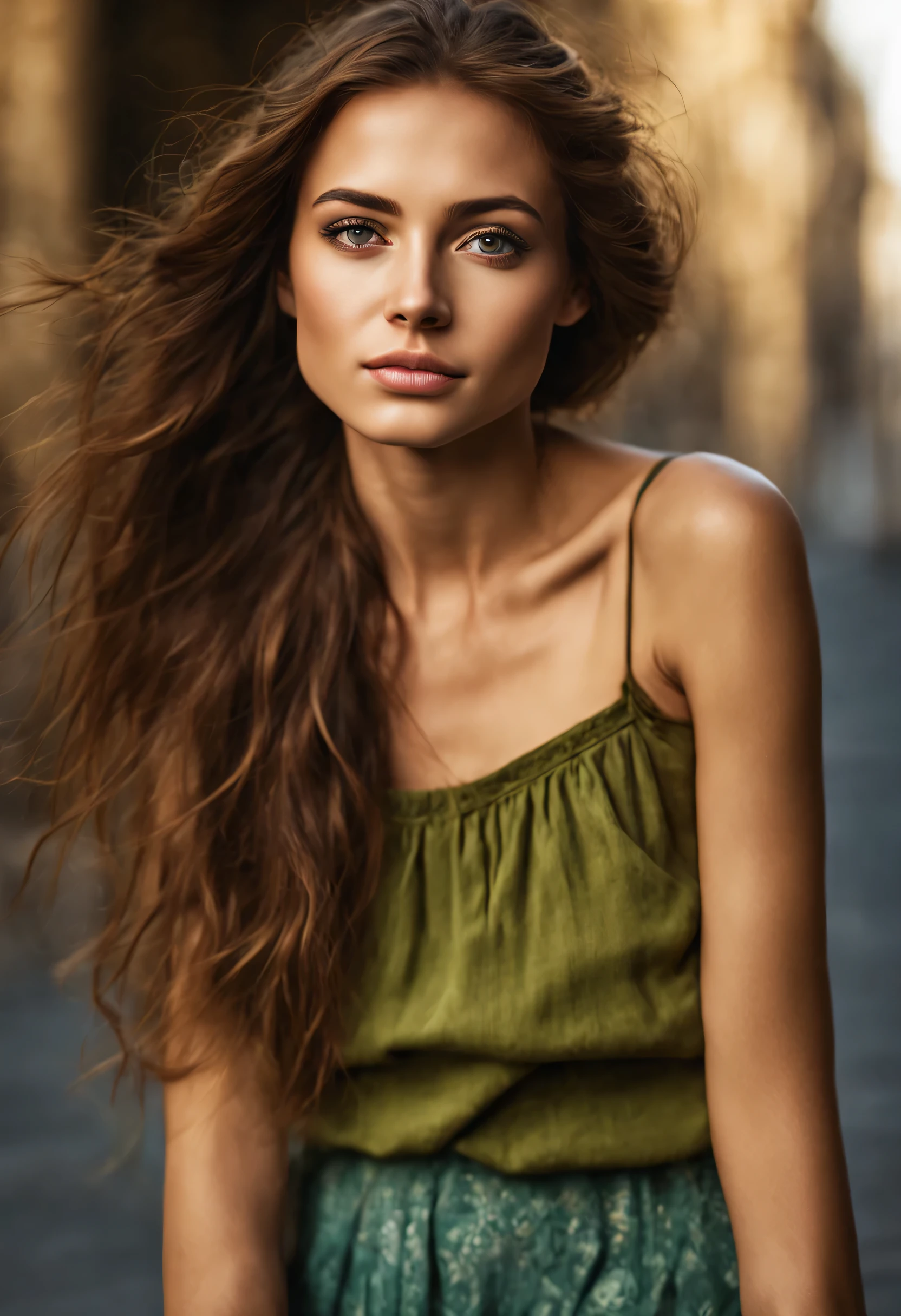 Moyen Un superbe portrait d'un jeune mannequin Sujet Jeune fille méditerranéenne de 24 ans avec de longs cheveux bruns flottants et des yeux verts sexy Portant… Tenant… Environnement L'arrière-plan doit être un décor de rue en plein air pittoresque Eclairage Capturé dans un éclat de lumière.
Sa jolie silhouette est mise en valeur par l'éclairage naturel Couleur Lumière du soleil de l'heure dorée Humeur Elle doit avoir un teint naturel, expression accessible Sourire doux Composition Rendu en résolution 4k par le talentueux Martin Schoeller Un portrait photoréaliste Capturez cette image avec une photographie haute résolution à l'aide d'un objectif 85 mm pour une perspective flatteuse Une photographie incroyablement composée capture l'essence d'un modèle