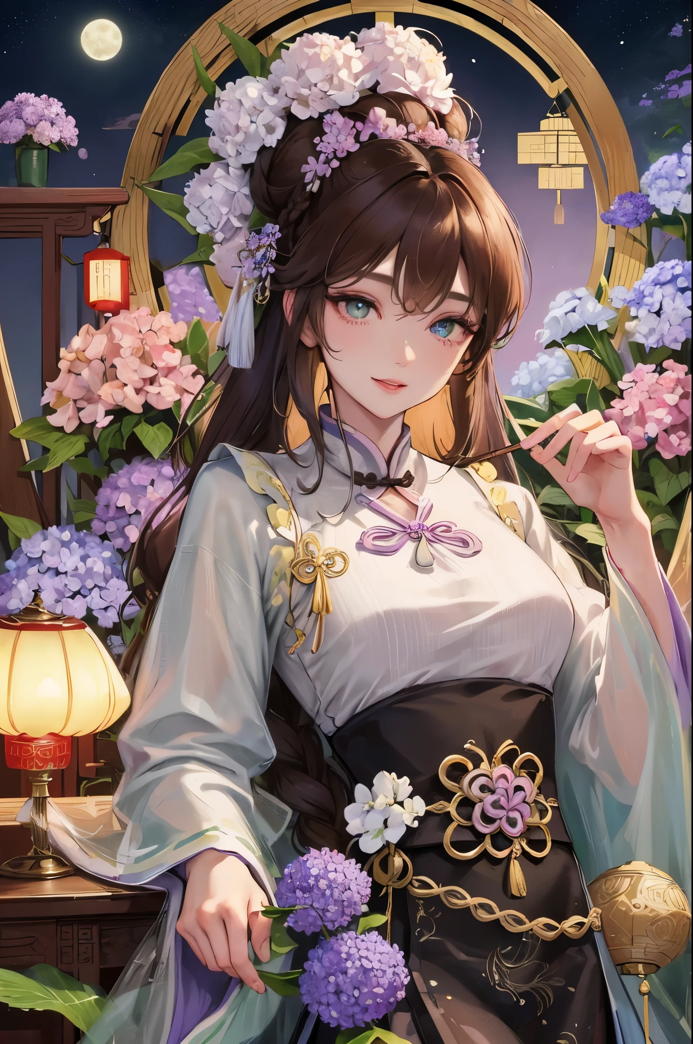 masterpiece, best quality, night, full moon, 1 girl, mature woman, Chinese style, ancient China, elder sister, Royal sister, Smile, brown hair, princess cut, Single fried dough stick braid, bun hair, Double ball head, Light pink lips, calm, intellectuals, Zhongfa, green pupils, hairpin, hydrangeas,
