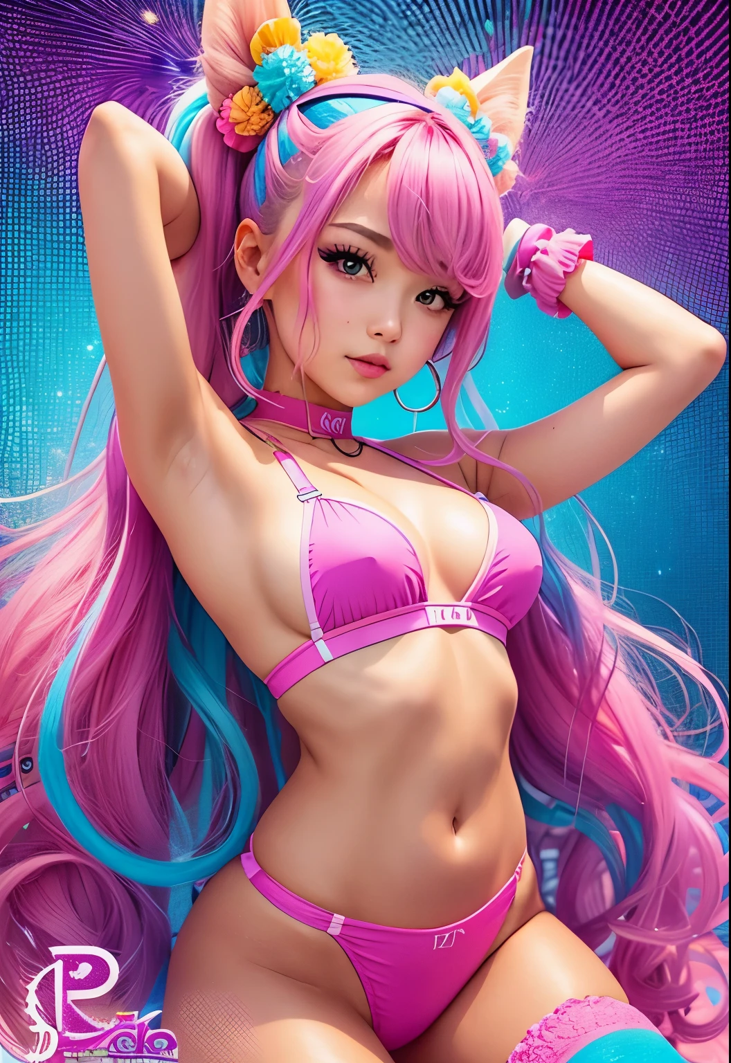 a close up of a woman in a pink bikini and stockings, rave outfit, wavy lingeries, candy girl, bold rave outfit, in the colors hot pink and cyan, gogo dancer, cute rave outfit, wild rave outfit, colorful pigtail, barbie doll in panties and bra, turquoise pink and yellow, fun rave outfit, multi colored