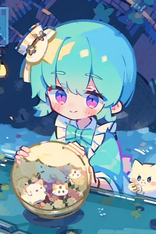 (best quality:1.3),(on the table:1.3),(illustration:1.3),(Super detailed:1.3),(imide shot:0.9),, , , 1 girl in,Bloodshot eyelood on mouth，stream of blood，alone,very young,Upper body,short neck,Small,, , from the side,from below,close up,, , , purple eyes,eyes like gems,extremely detailed eyes,The facial details are particularly rich,(smile:0.8),(open mouth:0.3),, , , sewage, hazy water, float, The stench of decay, unforgettable melody, Scattered syringes, The tainted mystery, Abandoned tranquility, forgotten road, Pebble river bed , double tail, maid,green hair，Kneel down