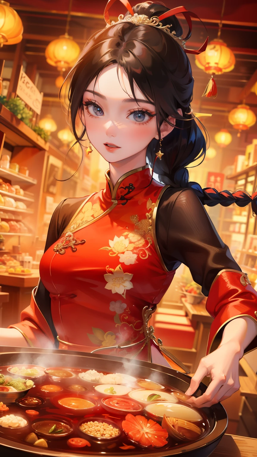 girl,hot pot,Beautifully facial featureeautifully,(There lotus embroidery on the clothes:1.4),(China red:1.4),Lively street stalls,night,red,Abundant hot pot ingredients,twist braid,Eyes in focus,8k,Super fine,masterpiece,accurate hand,detailed,dynamic perspective