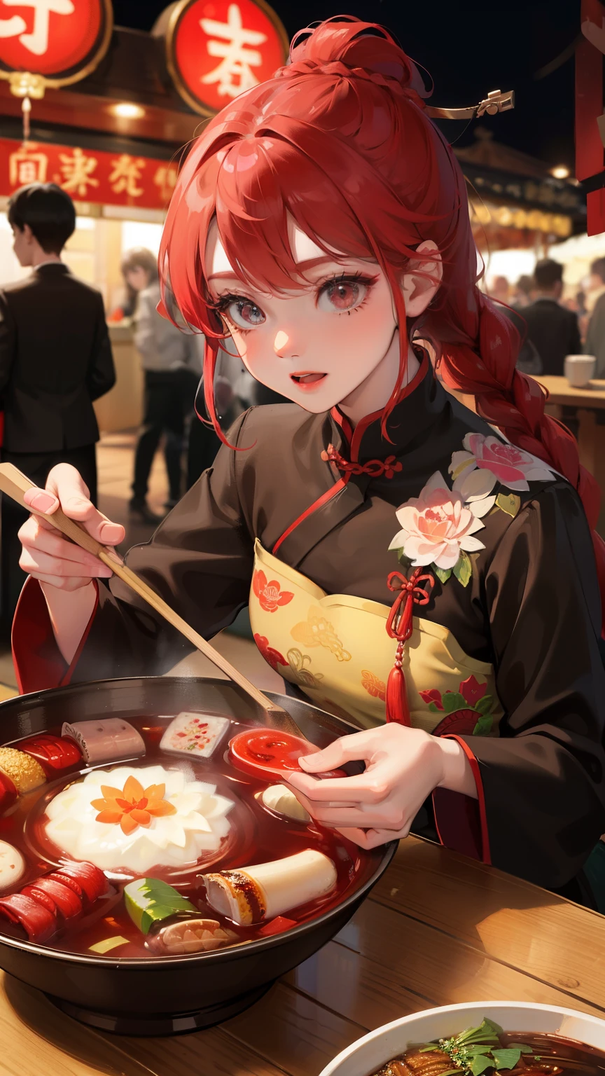 girl,hot pot,Beautifully facial featureeautifully,(There lotus embroidery on the clothes:1.4),(China red:1.4),Lively street stalls,night,red,Abundant hot pot ingredients,twist braid,Eyes in focus,8k,Super fine,masterpiece,accurate hand,detailed,dynamic perspective