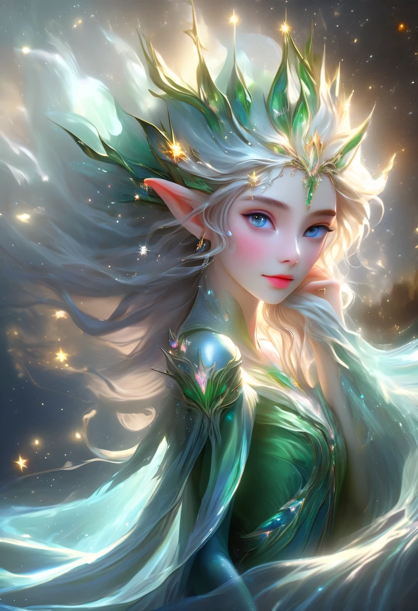 精灵portrait,illustration,painted,high resolution,actual:1.37,Super detailed,professional,bright colors,portrait,fantasy,Delicate shades,soft light,精灵portrait、illustration、fantasy、color starlight、pointed ears、Delicate eyes and lips、Elegant starlight dreslonde、splash、best quality、4K、8k、high resolution、masterpiece:1.2、Super detailed、(actual、The photos are real、The photos are real:1.37)、bright colors、studio lighting