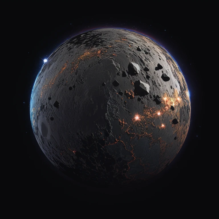 Generate new planets based on this image. Preserve the style. Ultra High quality metal-rocky textures, all black background, try to use the same texture from the sample, but randomized. keep it 1:1