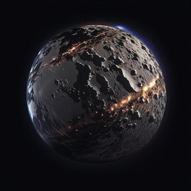 Generate new planets based on this image. Preserve the style. Ultra High quality metal-rocky textures, all black background, try to use the same texture from the sample, but randomized. keep it 1:1