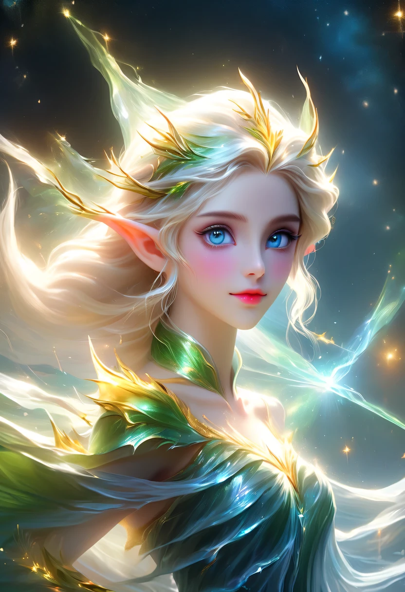 Elf portrait，Female elf in the jungle，starlight，firefly，