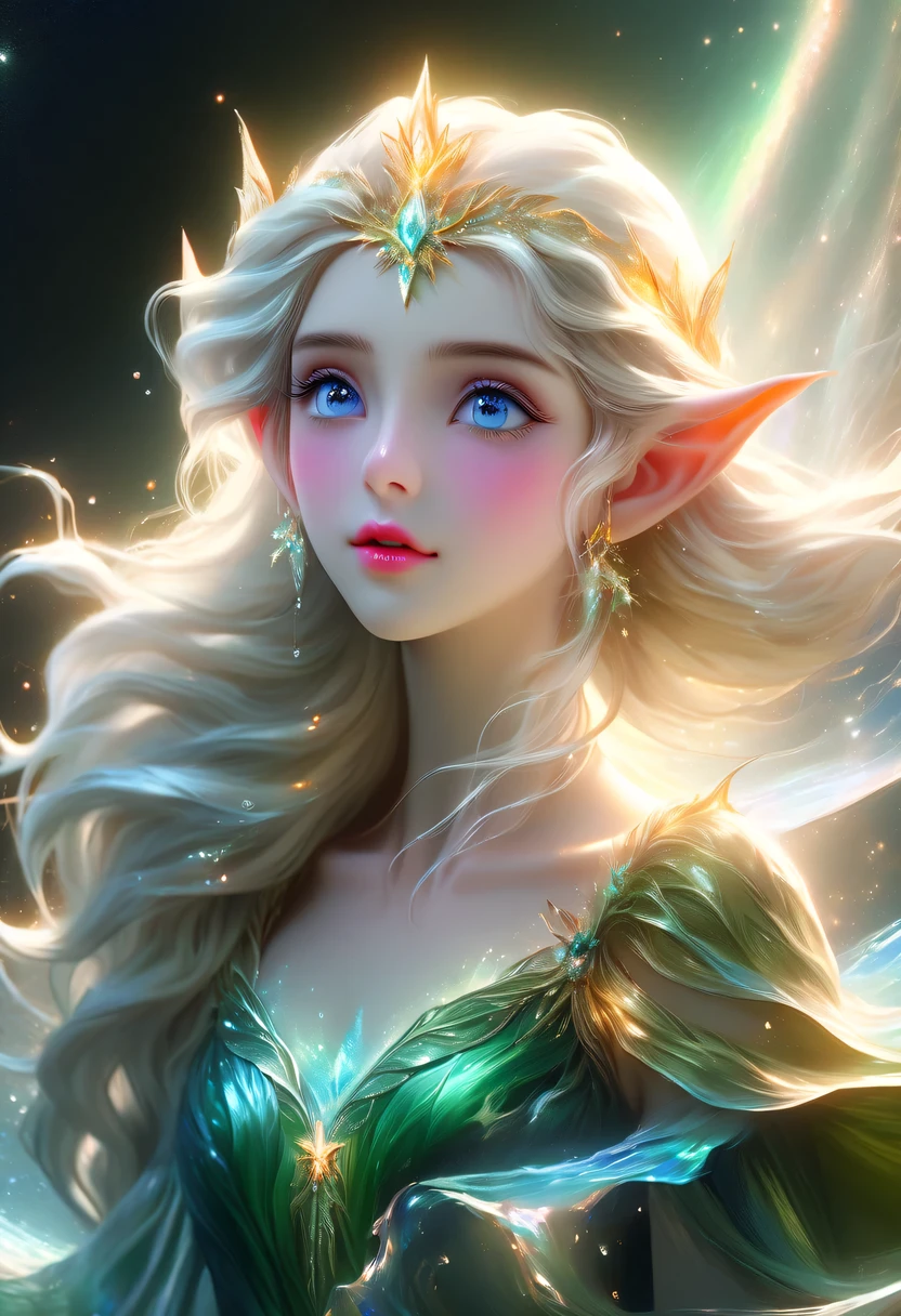 精灵portrait,illustration,painted,high resolution,actual:1.37,Super detailed,professional,bright colors,portrait,fantasy,Delicate shades,soft light,精灵portrait、illustration、fantasy、color starlight、pointed ears、Delicate eyes and lips、Elegant starlight dreslonde、splash、best quality、4K、8k、high resolution、masterpiece:1.2、Super detailed、(actual、The photos are real、The photos are real:1.37)、bright colors、studio lighting