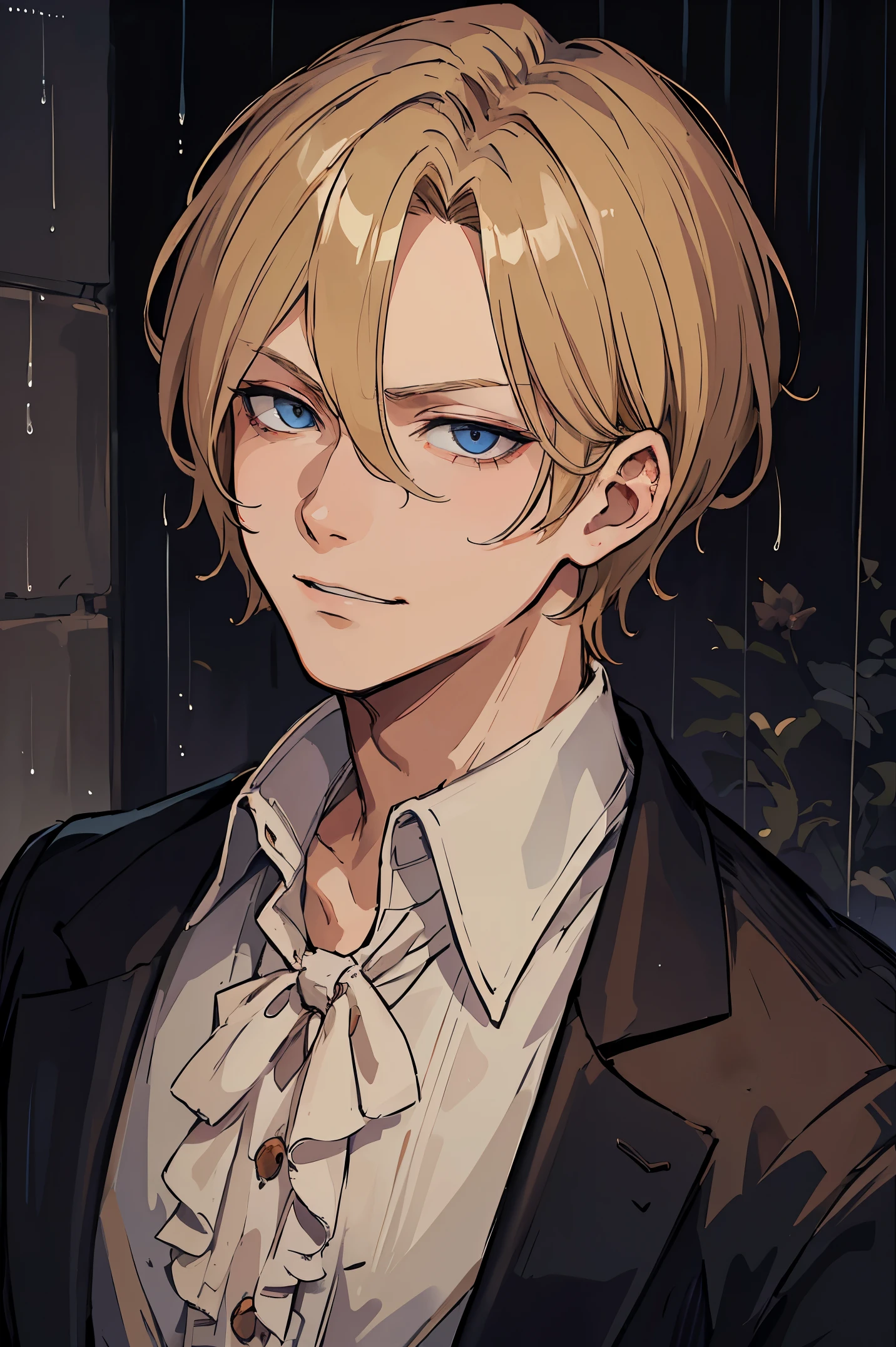 masterpiece, dark night, boy, johan liebert, wavy blonde hair, short hair, 20 years, Grim Smile, villain, narrowed eyes, very detailed beautiful face and eyes, portrait, shirt, rain