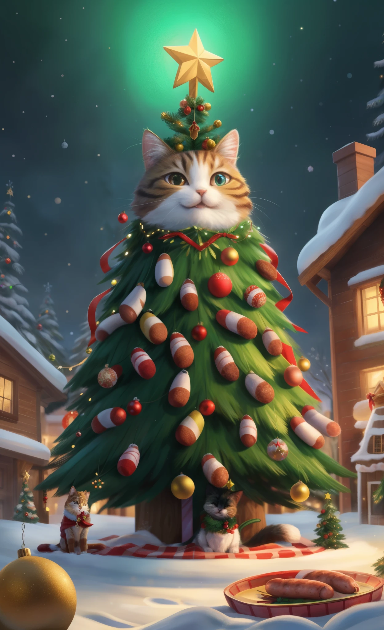 Spruce cat: A huge playful cat sits inside a dazzling Christmas tree. The Christmas tree is decorated ((sausage garlands)), creating a unique and whimsical charm. A shimmering star-shaped decoration is carefully placed on the top of the cat's head., making him the center of attention. The cat's eyes sparkle with curiosity and joy, as he playfully explores the decorations on the tree. The street is filled with warm golden light, casting a soft light on the cat's fur and surrounding decorations. The scene is filmed with the best quality, capturing every small detail and creating a vivid and realistic image. The art style is a delightful combination of holiday spirit and adorable feline charm. The color palette is bright and colorful, with rich shades of red, green and gold, which creates a joyful and festive atmosphere. The lighting is carefully thought out, to emphasize the warmth and comfort of the New Year holiday, Creating a magical atmosphere.