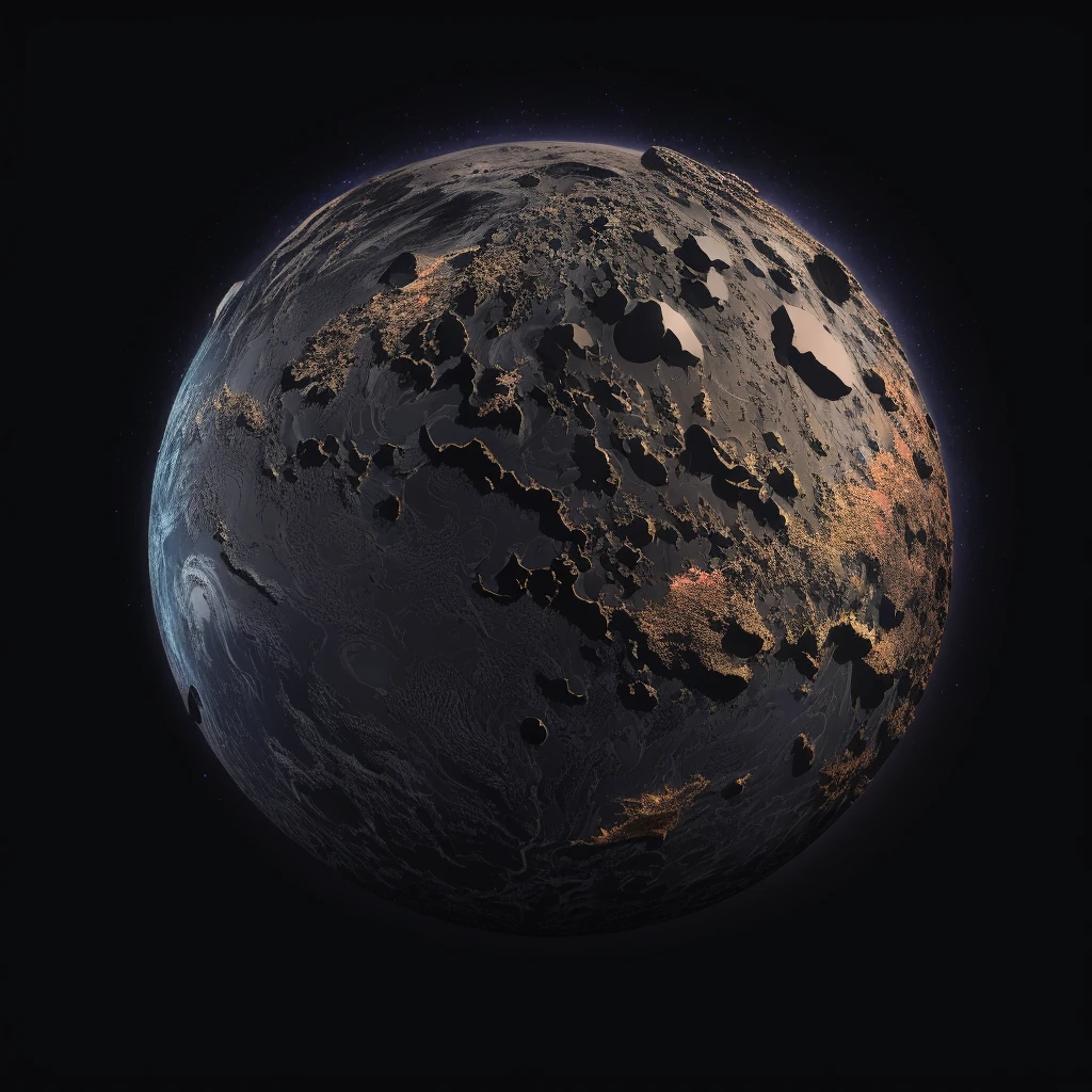 Generate new planets based on this image. Preserve the style. Ultra High quality metal-rocky textures, all black background, try to use the same texture from the sample, but randomized. keep it 1:1