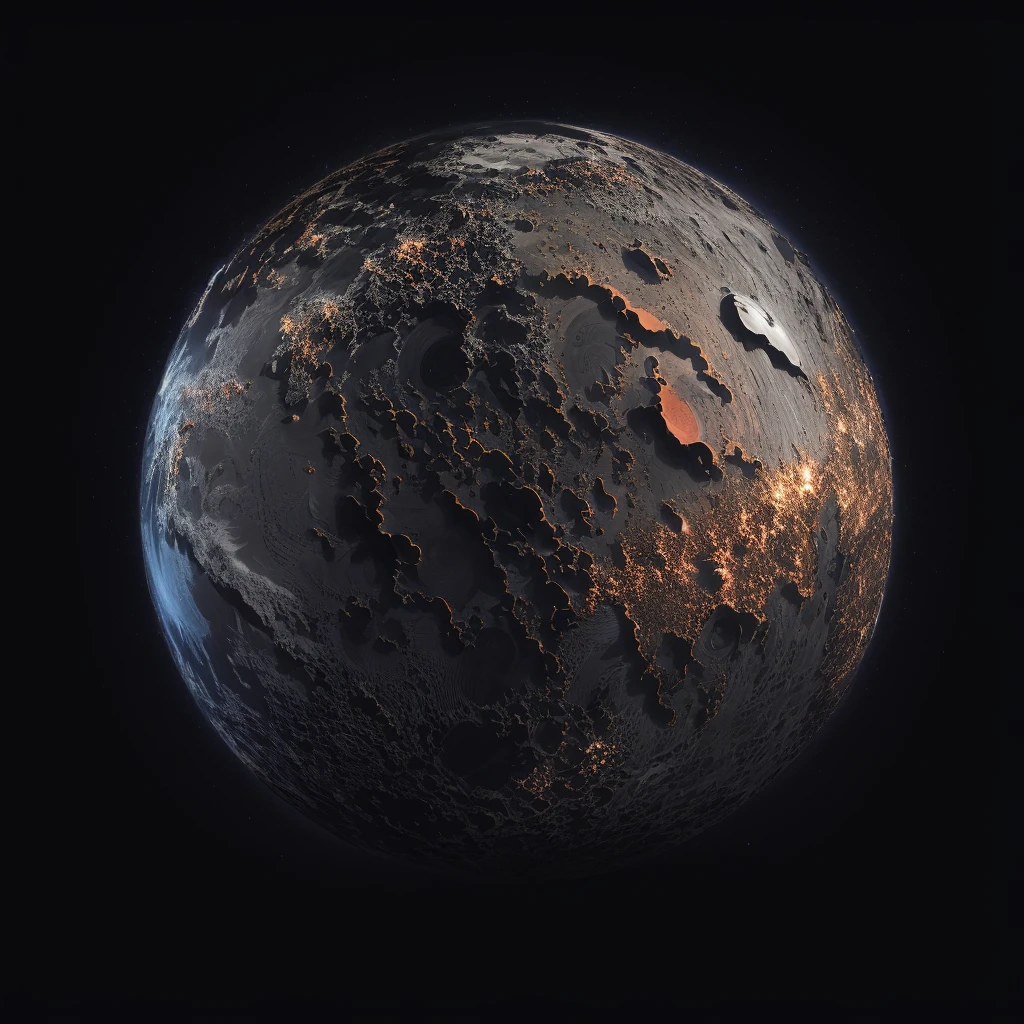 Generate new planets based on this image. Preserve the style. Ultra High quality metal-rocky textures, all black background, try to use the same texture from the sample, but randomized. keep it 1:1