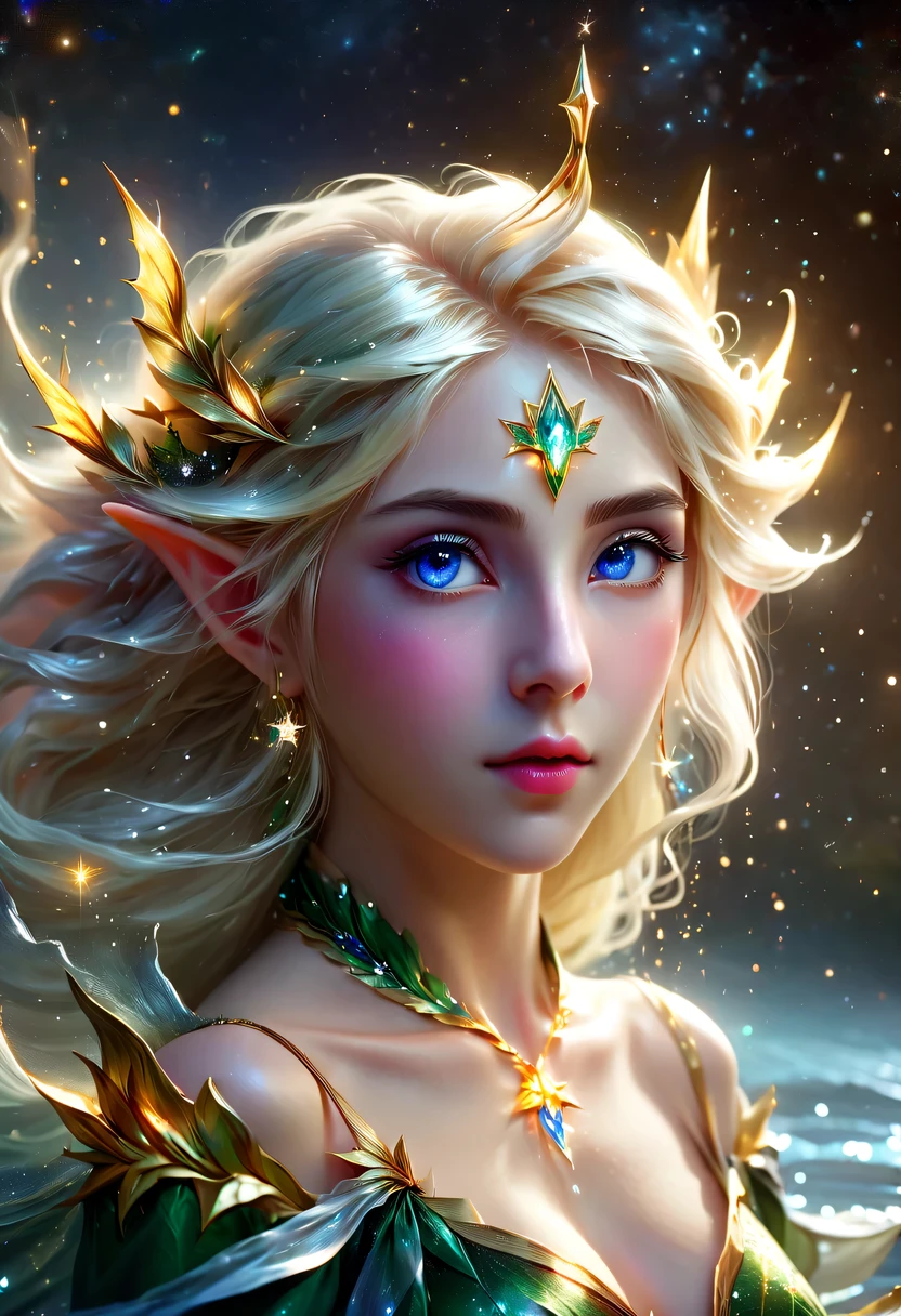 精灵portrait,illustration,painted,high resolution,actual:1.37,Super detailed,professional,bright colors,portrait,fantasy,Delicate shades,soft light,精灵portrait、illustration、fantasy、color starlight、pointed ears、Delicate eyes and lips、Elegant starlight dreslonde、splash、best quality、4K、8k、high resolution、masterpiece:1.2、Super detailed、(actual、The photos are real、The photos are real:1.37)、bright colors、studio lighting