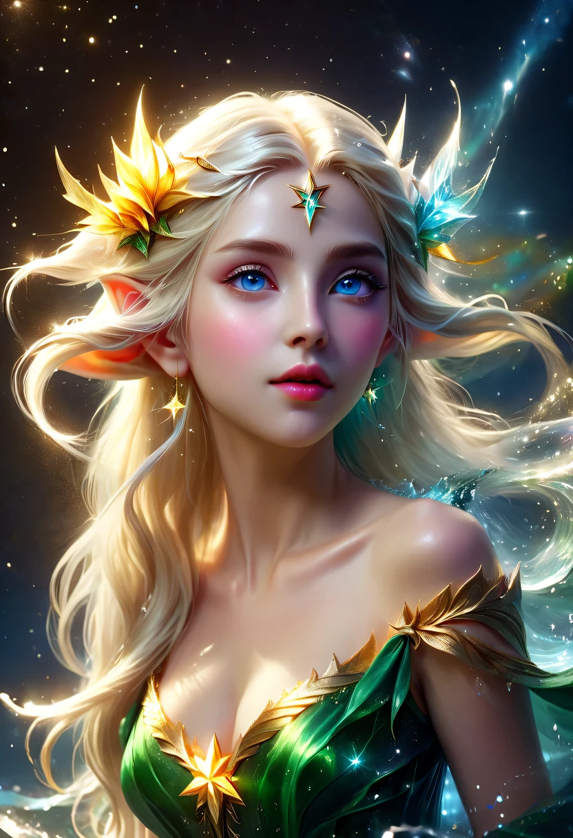 精灵portrait,illustration,painted,high resolution,actual:1.37,Super detailed,professional,bright colors,portrait,fantasy,Delicate shades,soft light,精灵portrait、illustration、fantasy、color starlight、pointed ears、Delicate eyes and lips、Elegant starlight dreslonde、splash、best quality、4K、8k、high resolution、masterpiece:1.2、Super detailed、(actual、The photos are real、The photos are real:1.37)、bright colors、studio lighting