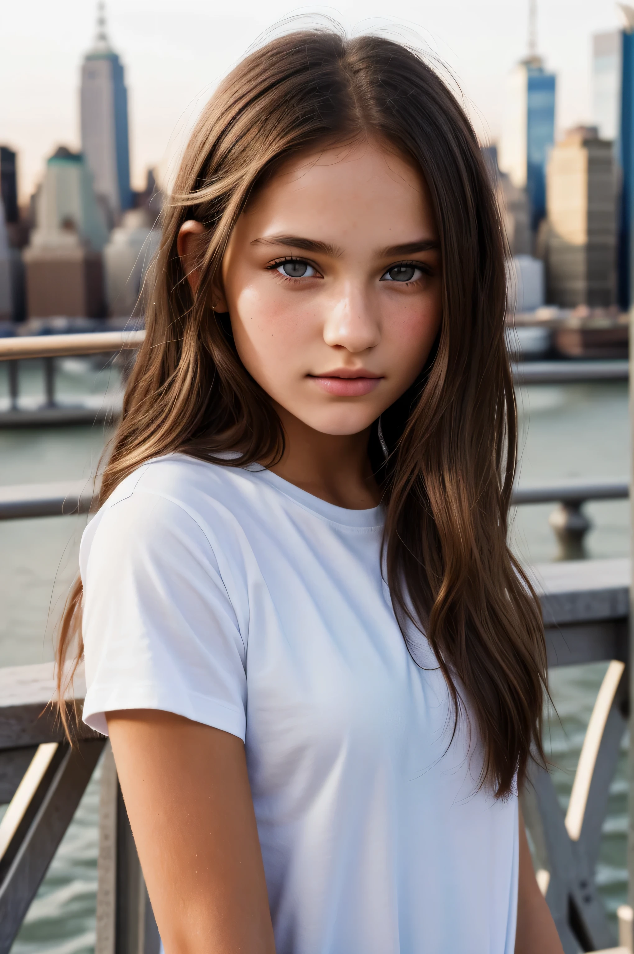 {there is a young girl. she is beautiful, and attractive. she is wearing a white t-shirt style dress with the "I love NY" symbol on it. she has beautiful long brown hair, and beautiful hazel eyes. she is posing for a photo on the brooklyn bridge in new york.} {best quality}, {{masterpiece}}, {highres}, {{{8k}}}, extremely detailed girl, {{{caucasian skin}}}, {{{detailed face}}}, {photo-realism}, {{perfect anatomy}}, sharp focus, {{{character{1 girl}}}}, solo, {{{{{sharp focus}}}}}, {{{detailed cloth texture}}}, {{{detailed skin texture}}}, {{{smooth lighting}}}, {{australian decent}}, {{18-years old girl}},