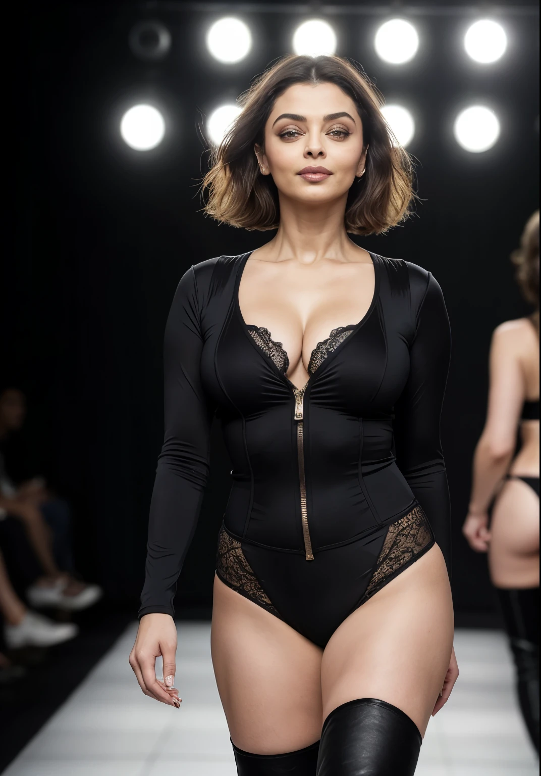 50yo mature MILF Aishwarya Rai as cougar, black tight shorts, micro bikini top, ((thigh high boots)), ((bob cut hair)), bright sunny day scene, mature athletic curvaceous milf body, ((catwalk alone in ramp)), hourglass milf figure, perfect breasts, massive cleavage(((seductive expression))) on her face, look at a camera and wink one eye, soft volumetric lights, intricate details, (ArtStation:1.2)