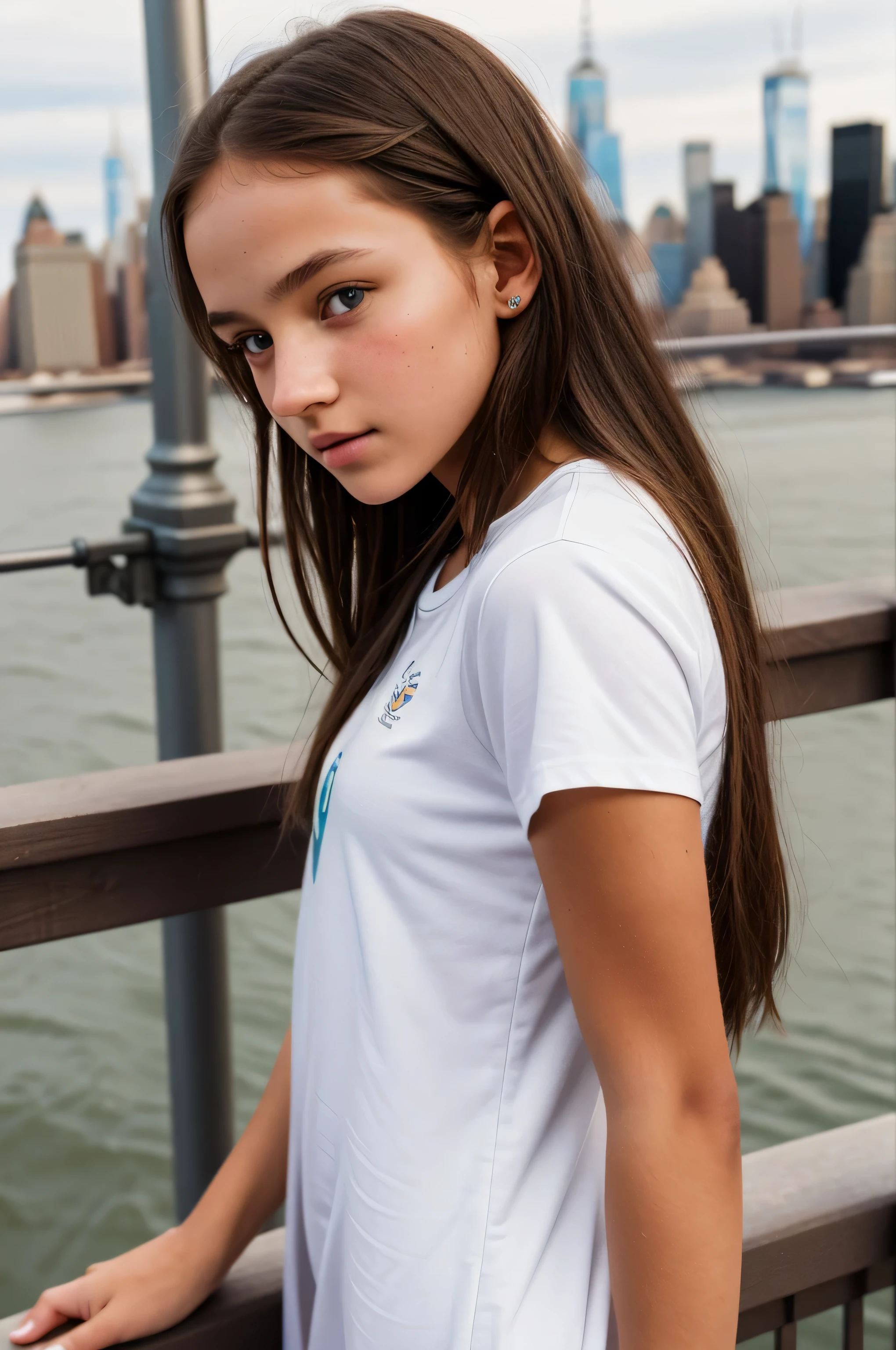 {there is a young girl. she is beautiful, and attractive. she is wearing a white t-shirt style dress with the "I love NY" symbol on it. she has beautiful long brown hair, and beautiful hazel eyes. she is posing for a photo on the brooklyn bridge in new york.} {best quality}, {{masterpiece}}, {highres}, {{{8k}}}, extremely detailed girl, {{{caucasian skin}}}, {{{detailed face}}}, {photo-realism}, {{perfect anatomy}}, sharp focus, {{{character{1 girl}}}}, solo, {{{{{sharp focus}}}}}, {{{detailed cloth texture}}}, {{{detailed skin texture}}}, {{{smooth lighting}}}, {{australian decent}}, {{18-years old girl}},