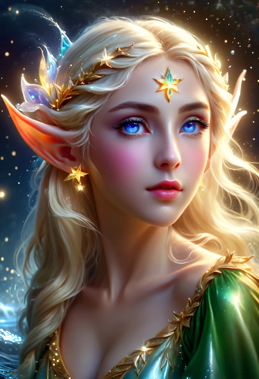 精灵portrait,illustration,painted,high resolution,actual:1.37,Super detailed,professional,bright colors,portrait,fantasy,Delicate shades,soft light,精灵portrait、illustration、fantasy、color starlight、pointed ears、Delicate eyes and lips、Elegant starlight dreslonde、splash、best quality、4K、8k、high resolution、masterpiece:1.2、Super detailed、(actual、The photos are real、The photos are real:1.37)、bright colors、studio lighting
