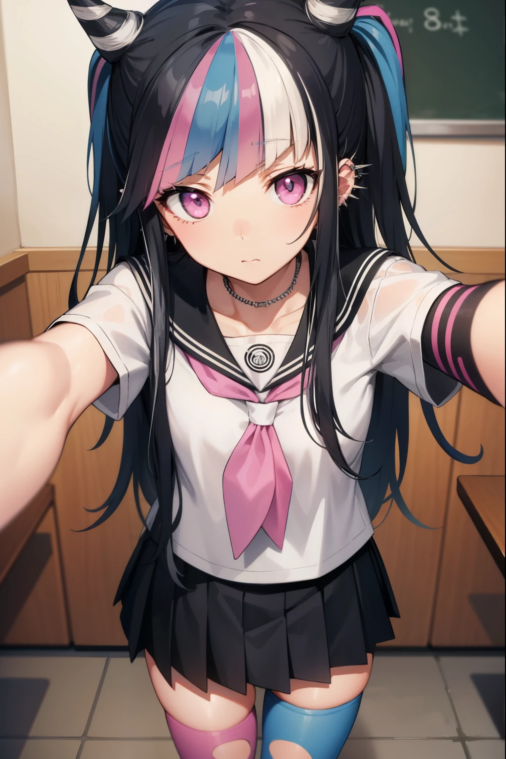 ibukimioda, ibuki mioda, black hair, blue hair, hair horns, ear piercing, lip piercing, long hair, multicolored hair, (pink eyes:1.5), pink hair, white hair,
BREAK asymmetrical legwear, black skirt, blue thighhighs, jewelry, mismatched legwear, neckerchief, necklace, piercing, pleated skirt, ring, school uniform, serafuku, shirt, skirt, thighhighs, torn clothes, torn thighhighs, zettai ryouiki,
BREAK looking at viewer,
BREAK indoors, classroom,
BREAK (masterpiece:1.2), best quality, high resolution, unity 8k wallpaper, (illustration:0.8), (beautiful detailed eyes:1.6), extremely detailed face, perfect lighting, extremely detailed CG, (perfect hands, perfect anatomy),