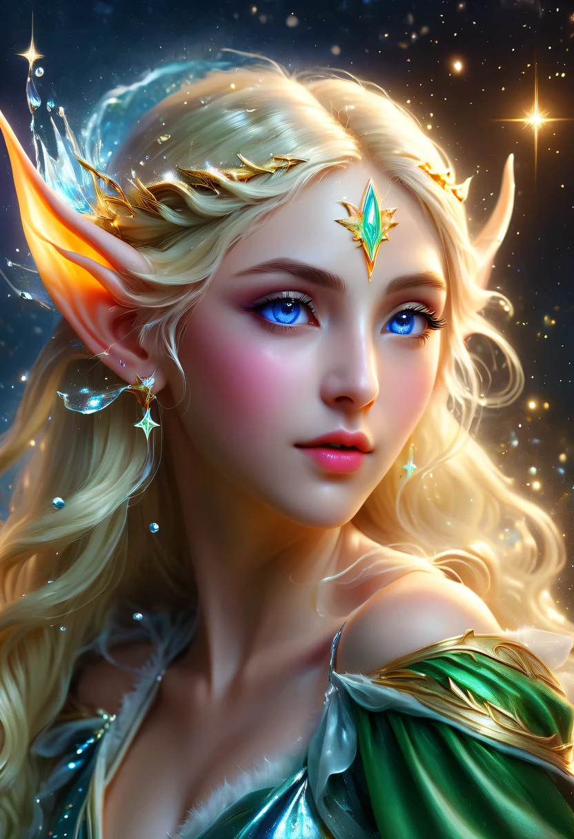 精灵portrait,illustration,painted,high resolution,actual:1.37,Super detailed,professional,bright colors,portrait,fantasy,Delicate shades,soft light,精灵portrait、illustration、fantasy、color starlight、pointed ears、Delicate eyes and lips、Elegant starlight dreslonde、splash、best quality、4K、8k、high resolution、masterpiece：1.2、Super detailed、(actual、The photos are real、The photos are real：1.37)、bright colors、studio lighting