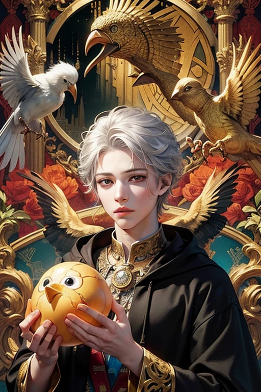 (masterpiece, highest quality, highest quality, official art, beautiful and aesthetic:1.2), very detailed, fractal art, colorful, most detailed, zentangle, (abstract background:1.3), fidus style, (1 boy:1.5), (Golden Bird), silver hair, bright eyes, slicked back hair, short hair, black robe, Upper body, fine eyes