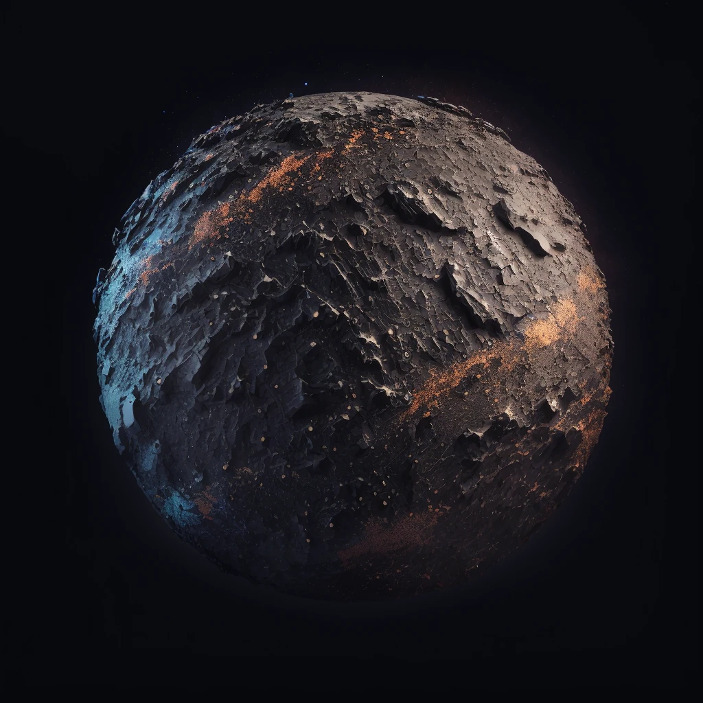 Generate new planets based on this image. Preserve the style. Ultra High quality metal-rocky textures, all black background, try to use the same texture from the sample, but randomized