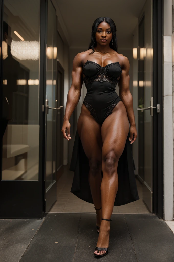 A black woman who is a bodybuilder. She is wearing long evening dress with gloves in high heels stilettos holding a small bag, walking out of the hotel front door, (masterpiece:1.2) (photorealistic:1.2) (best quality) (intricate details) (8K) (high poly) (ray tracing), (sharp focus), (natural skin textures), ((full body shot)),