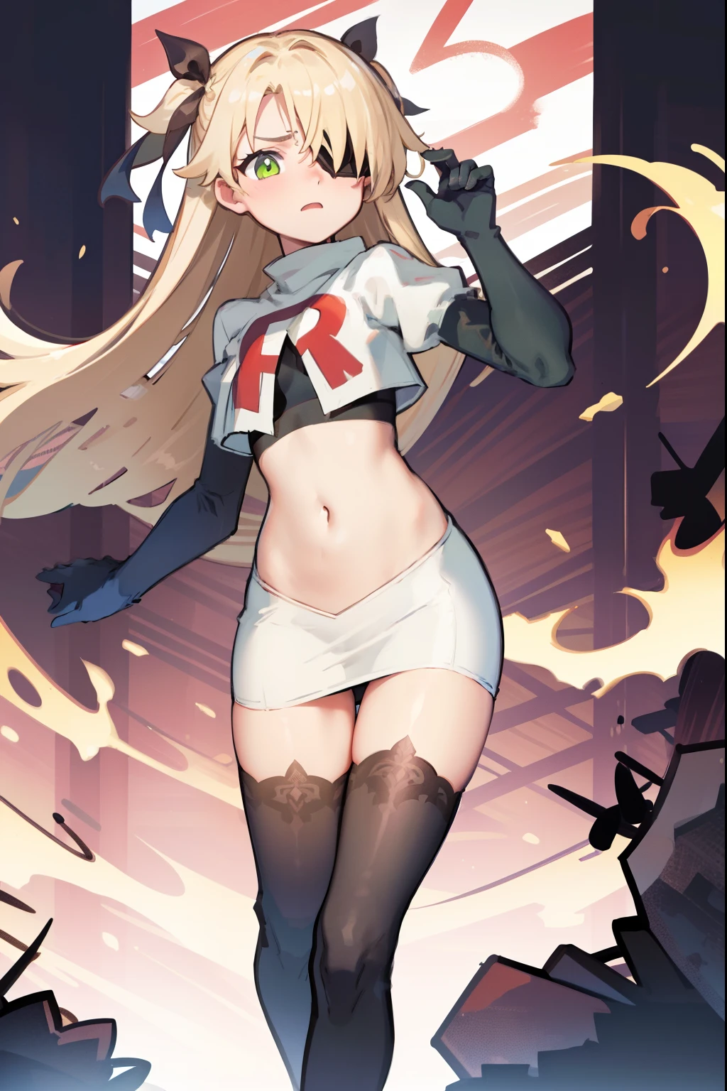 absurdres, fischl (dunkelnacht sakrament) (genshin impact), green eyes, (white pupils:1.2), fischl (genshin impact), medium_breasts, blonde hair, eyepatch, long hair, hair over one eye, bangs, hair ribbon, small breasts, 1girl, team rocket,team rocket uniform,white skirt,red letter R,crop top,black thigh-highs,black elbow gloves, embarrassed, blush