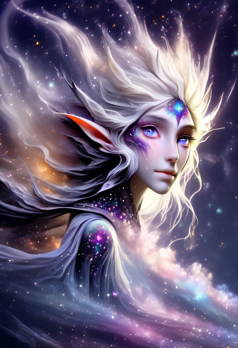 hyper detailed masterpiece, Dynamic, good quality,Liquor_dark,Elf portrait made of colorful stars,Pointy-eared elves,Starlight skirt,blond,water splash