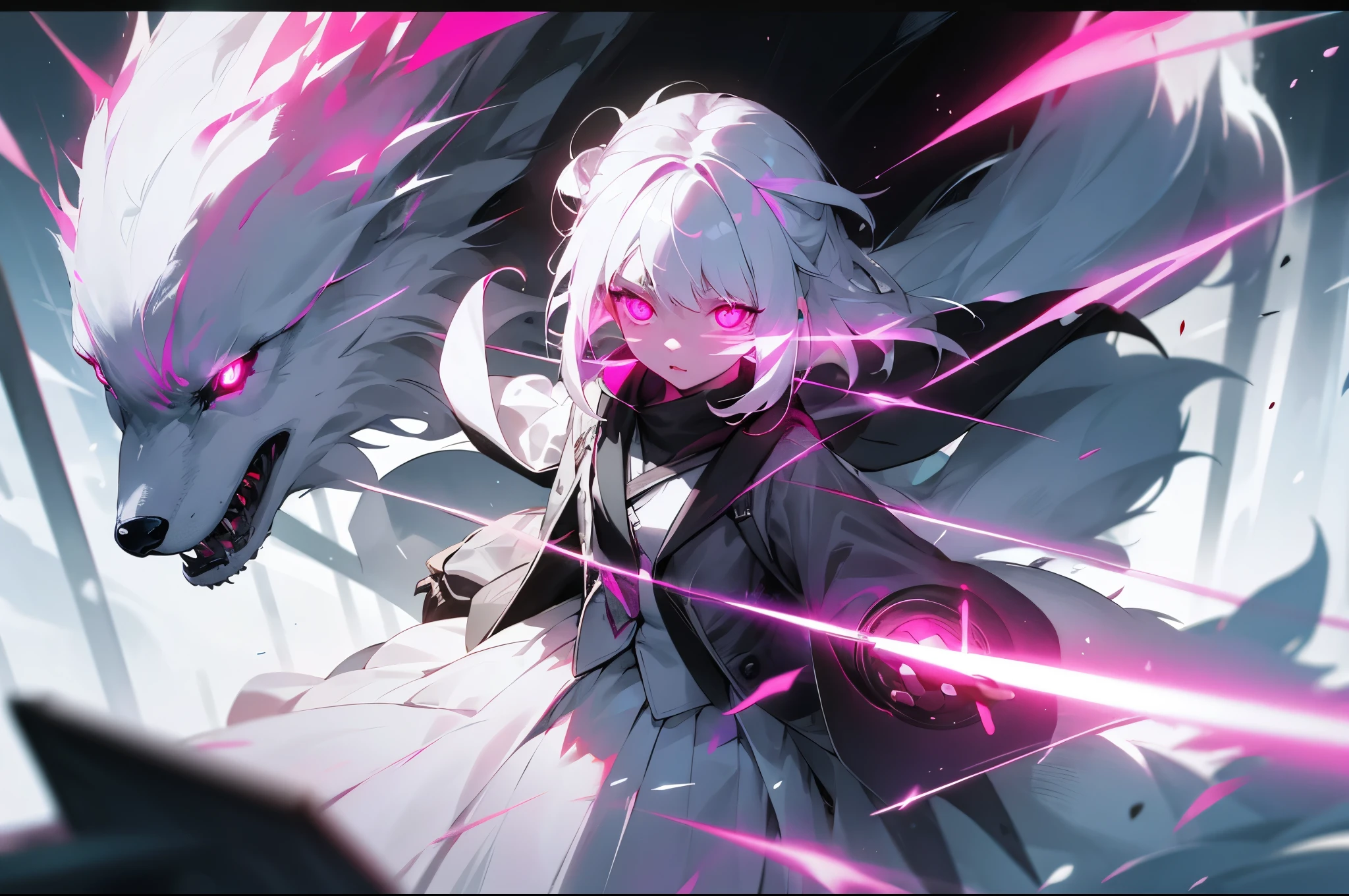 girl，white hair，little wolf earlush，pink eyes，glowing eyes，glowing eyes，glowing eyes，white skirt，black harneslack tie，mechanical，sense of the future，Unbelievable，Tyndall effect，movie poster