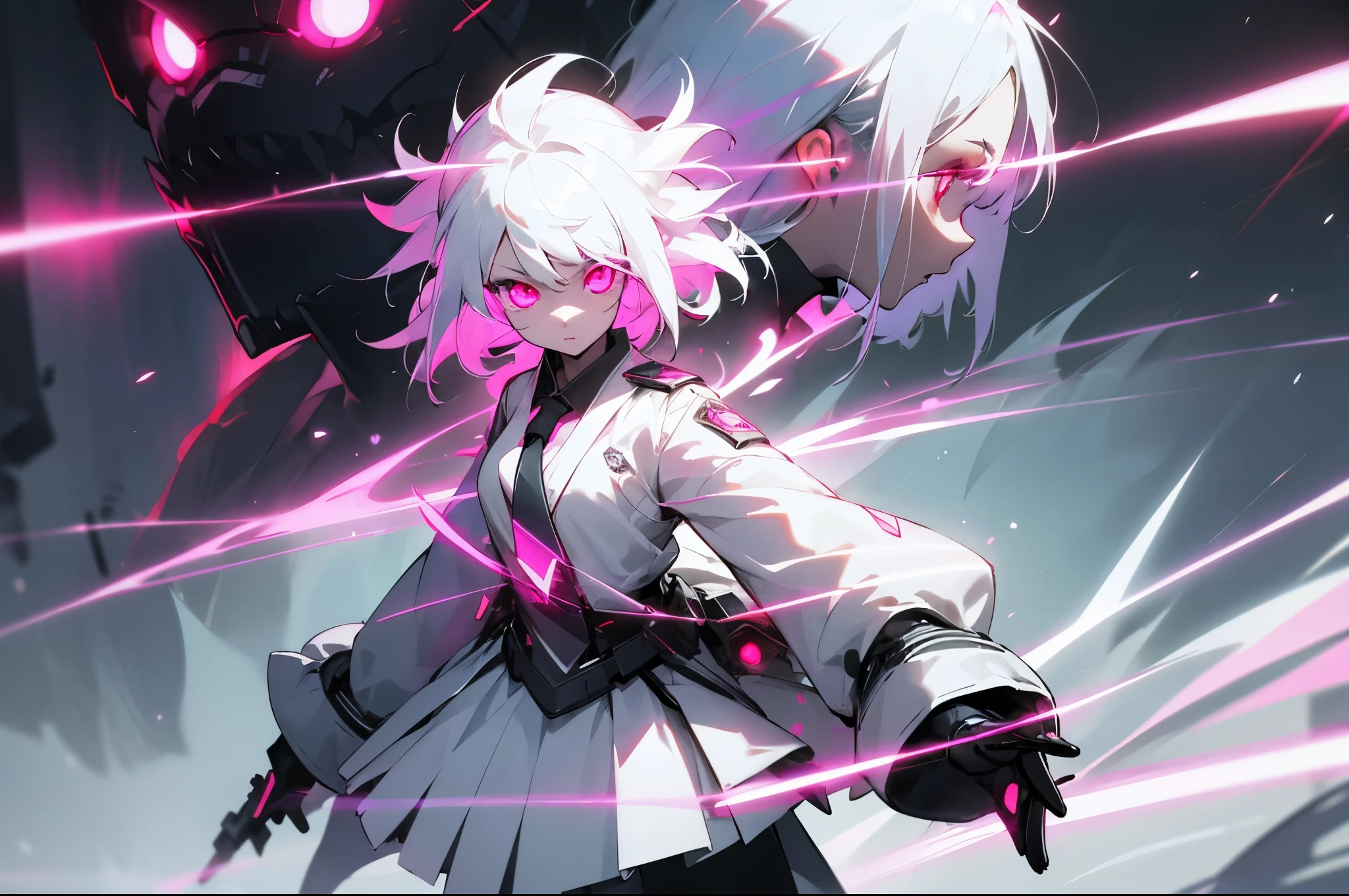 girl，white hair，little wolf earlush，pink eyes，glowing eyes，glowing eyes，glowing eyes，white skirt，black harneslack tie，mechanical，sense of the future，Unbelievable，Tyndall effect，movie poster