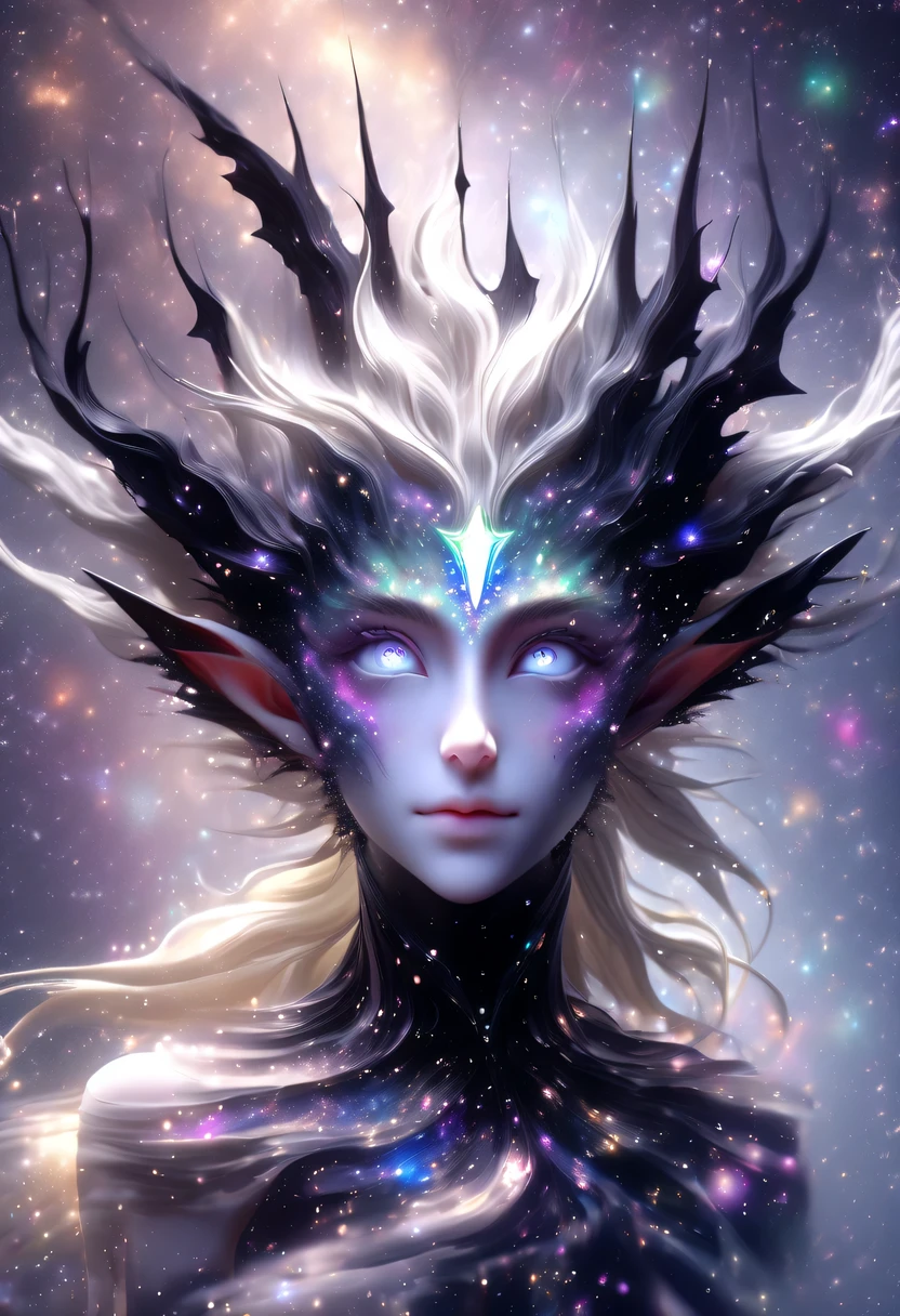 hyper detailed masterpiece, Dynamic, good quality,Liquor_dark,Elf portrait made of colorful stars,Pointy-eared elves,Starlight skirt,blond,water splash