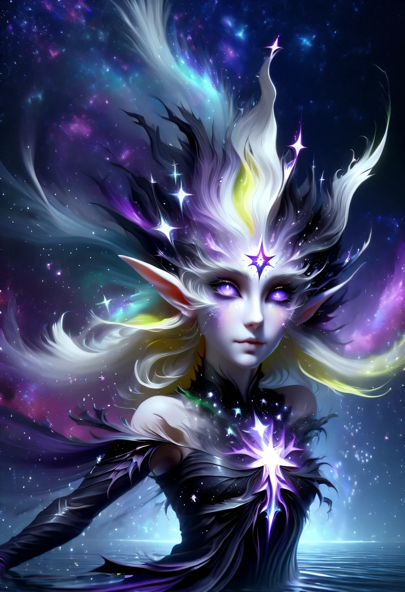 hyper detailed masterpiece, Dynamic, good quality,Liquor_dark，Elf portrait made of colorful stars，Pointy-eared elves，Starlight skirt，blond，water splash