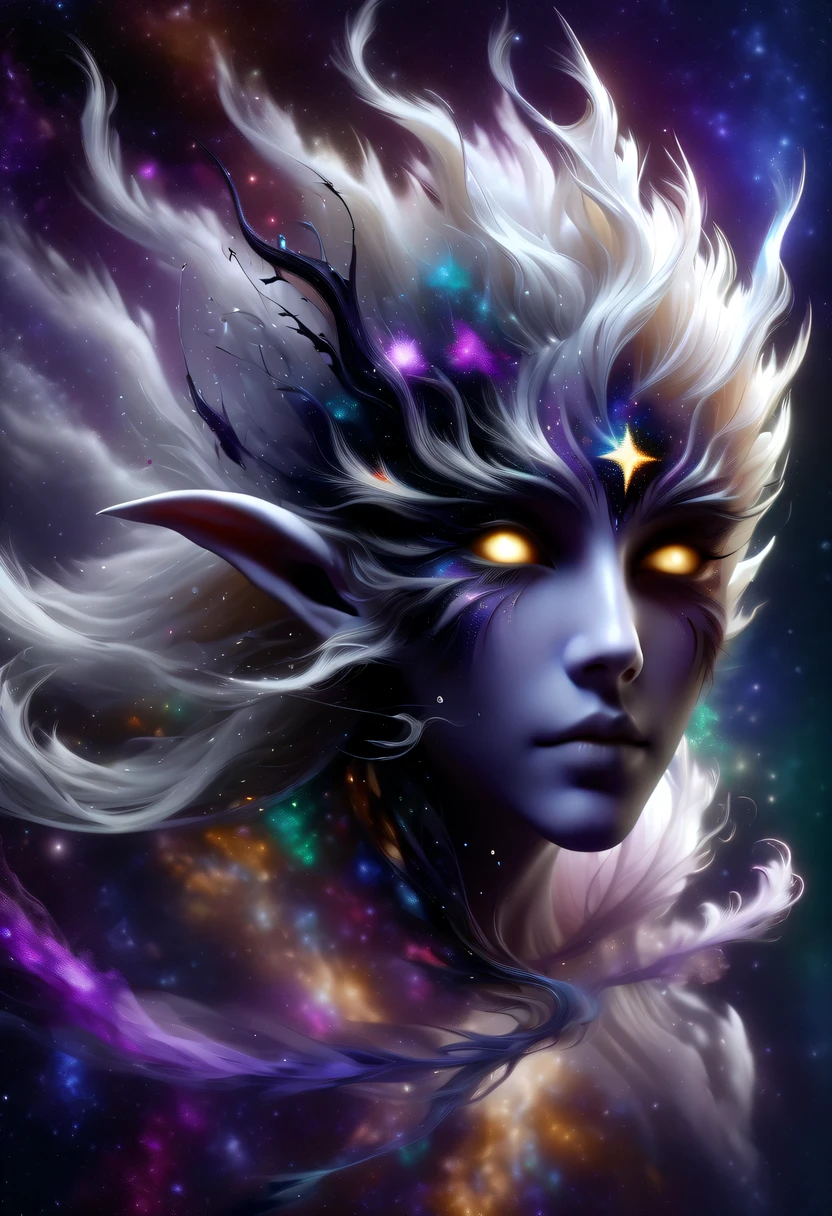 hyper detailed masterpiece, Dynamic, good quality,Liquor_dark，Elf portrait made of colorful stars，Pointy-eared elves，Starlight skirt，blond，water splash