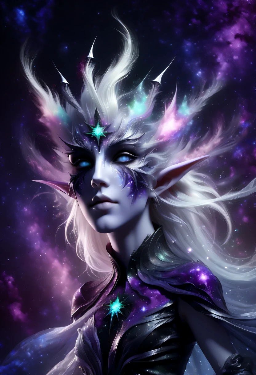 hyper detailed masterpiece, Dynamic, good quality,Liquor_dark,Elf portrait made of colorful stars,Pointy-eared elves,Starlight skirt,blond,water splash