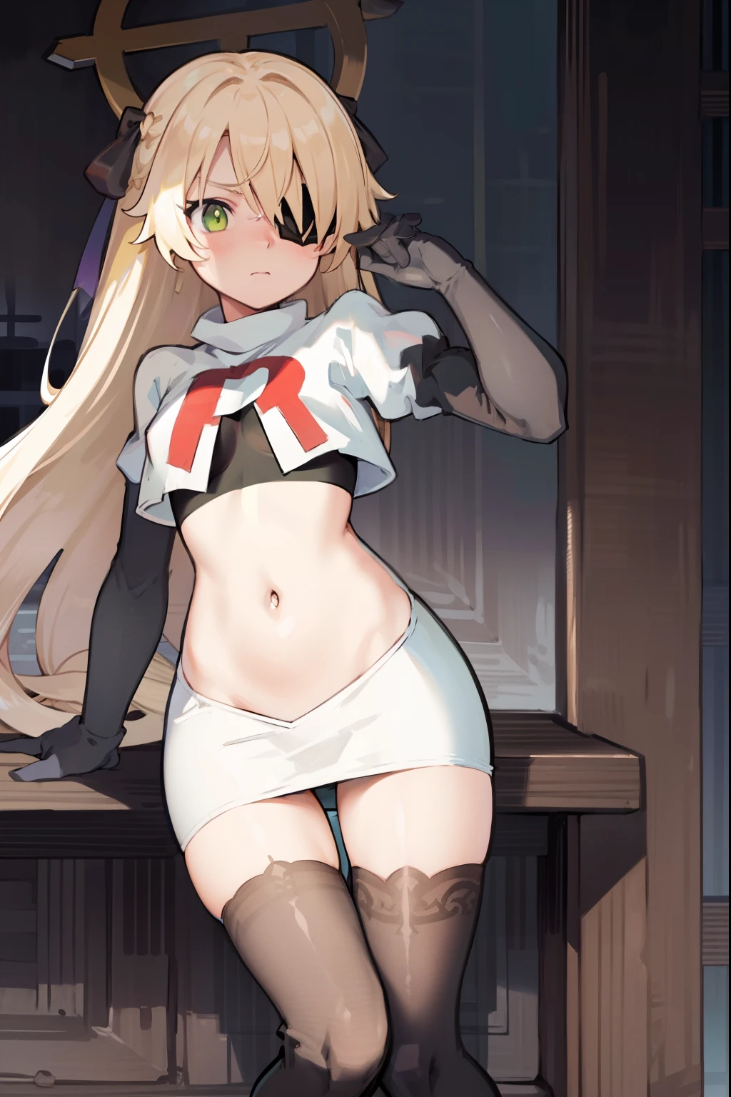 absurdres, fischl (dunkelnacht sakrament) (genshin impact), green eyes, (white pupils:1.2), fischl (genshin impact), medium_breasts, blonde hair, eyepatch, long hair, hair over one eye, bangs, hair ribbon, small breasts, 1girl, team rocket,team rocket uniform,white skirt,red letter R,crop top,black thigh-highs,black elbow gloves, embarrassed, blush