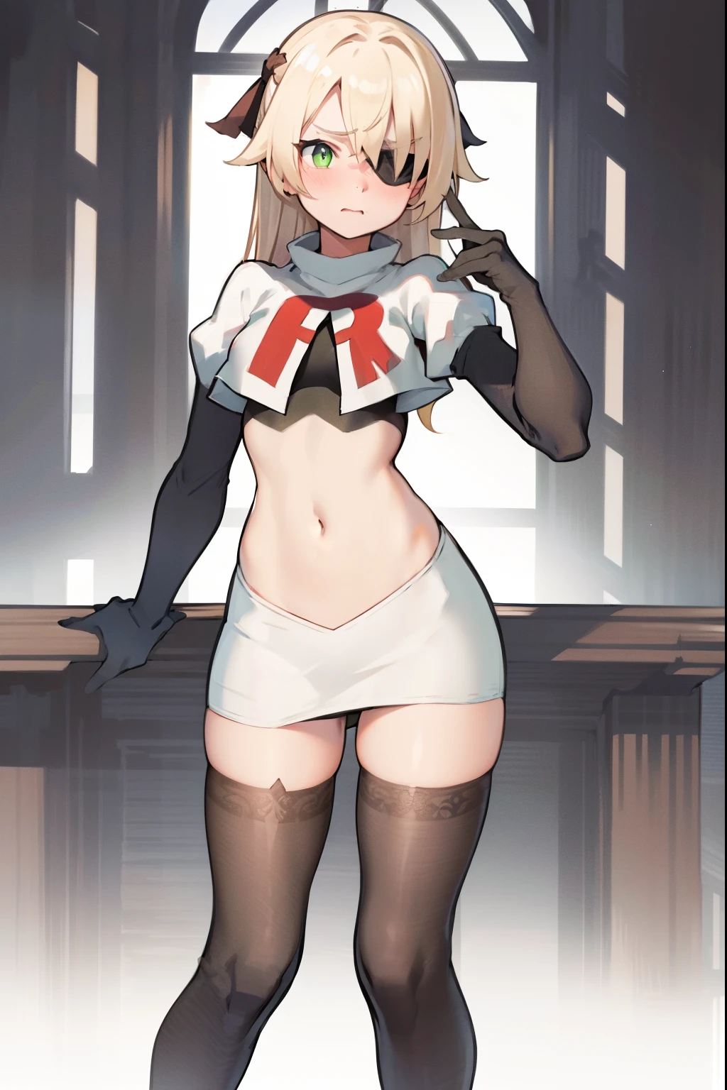 absurdres, fischl (dunkelnacht sakrament) (genshin impact), green eyes, (white pupils:1.2), fischl (genshin impact), medium_breasts, blonde hair, eyepatch, long hair, hair over one eye, bangs, hair ribbon, small breasts, 1girl, team rocket,team rocket uniform,white skirt,red letter R,crop top,black thigh-highs,black elbow gloves, embarrassed, blush