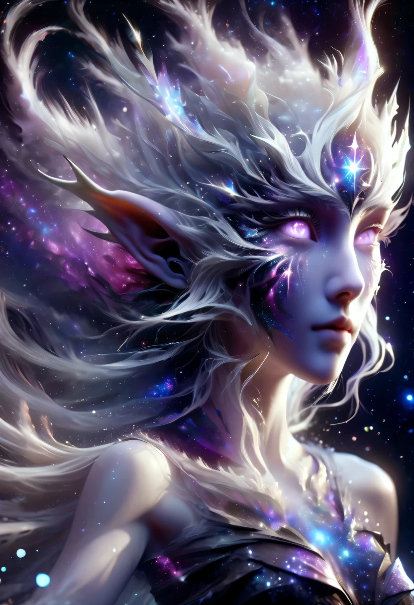 hyper detailed masterpiece, Dynamic, good quality,Liquor_dark,Elf portrait made of colorful stars,Pointy-eared elves,Starlight skirt,blond,water splash