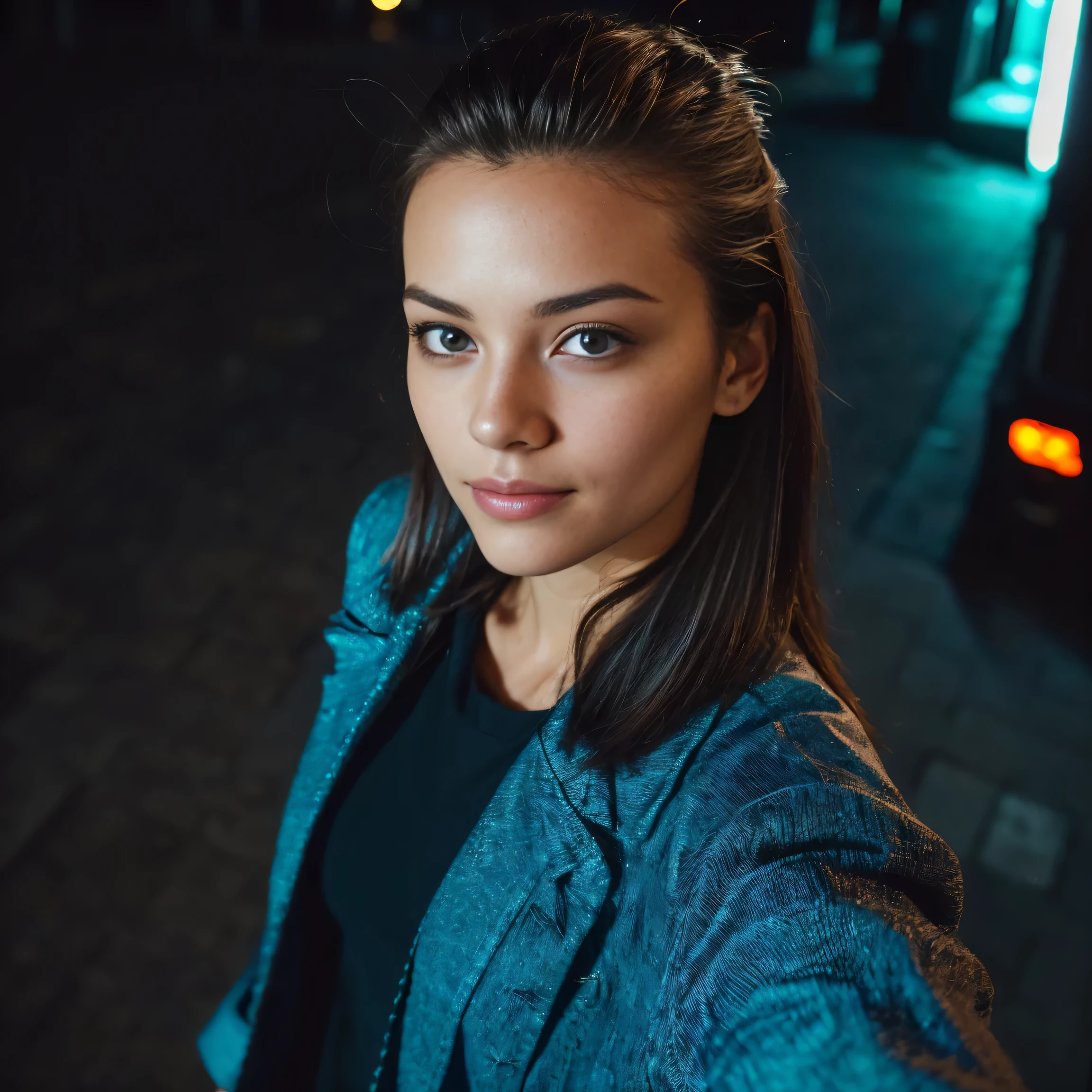 (taking selfies, overhead view: 1.4), (straight half of the torso: 1.4), Portrait photo of a 24-year-old french girl in RAW UHD format (Blue-eyed woman) Walk down the dark alley, night city, Details (textures! , Hair! , glistering, Color!! , imperfections: 1.1), highly detailed glossy eyes (looking at the camera), DSLR Lighting, SLR camera, Ultra-Quality, sharpness, Depth of field, Film grain (Downtown), Fujifilm XT3, Crystal clear, Frame Center, beatiful face, sharp-focus, street lamp, neon lighting, bokeh (dimly lit), night time, (night  sky), detailed skin pores, oilly skin, suntan, Complex eye details