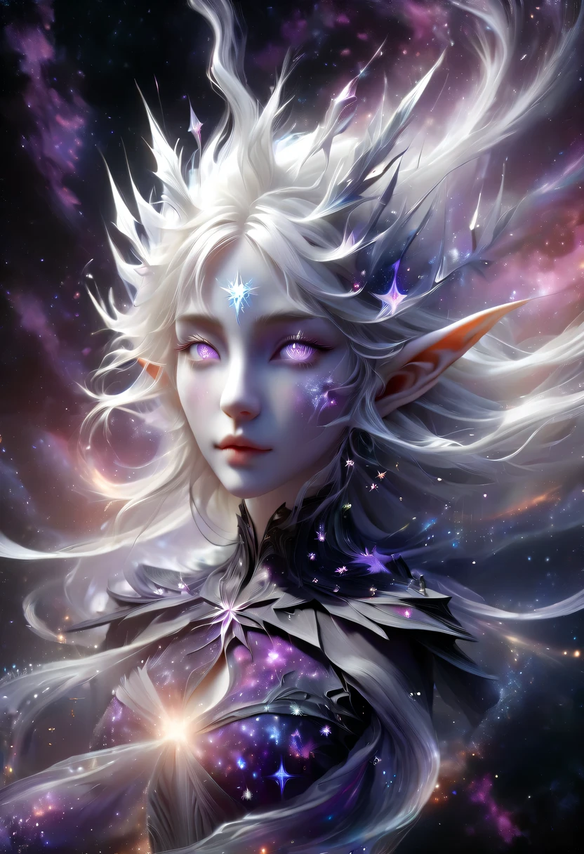hyper detailed masterpiece, Dynamic, good quality,Liquor_dark，Elf portrait composed of colored liquids，Pointy-eared elves，Starlight skirt，blond，water splash