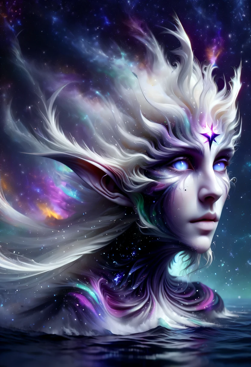 hyper detailed masterpiece, Dynamic, good quality,Liquor_dark，Elf portrait made of colorful stars，Pointy-eared elves，Starlight skirt，blond，water splash