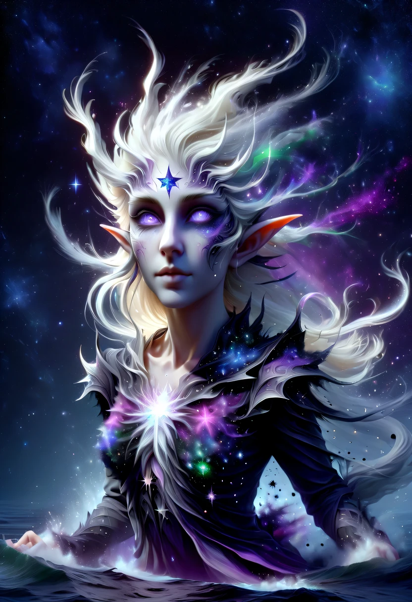 hyper detailed masterpiece, Dynamic, good quality,Liquor_dark，Elf portrait made of colorful stars，Pointy-eared elves，Starlight skirt，blond，water splash