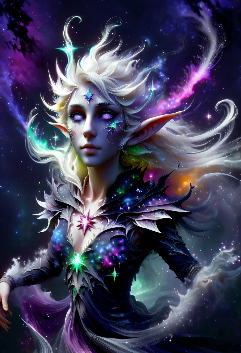 hyper detailed masterpiece, Dynamic, good quality,Liquor_dark，Elf portrait made of colorful stars，Pointy-eared elves，Starlight skirt，blond，water splash