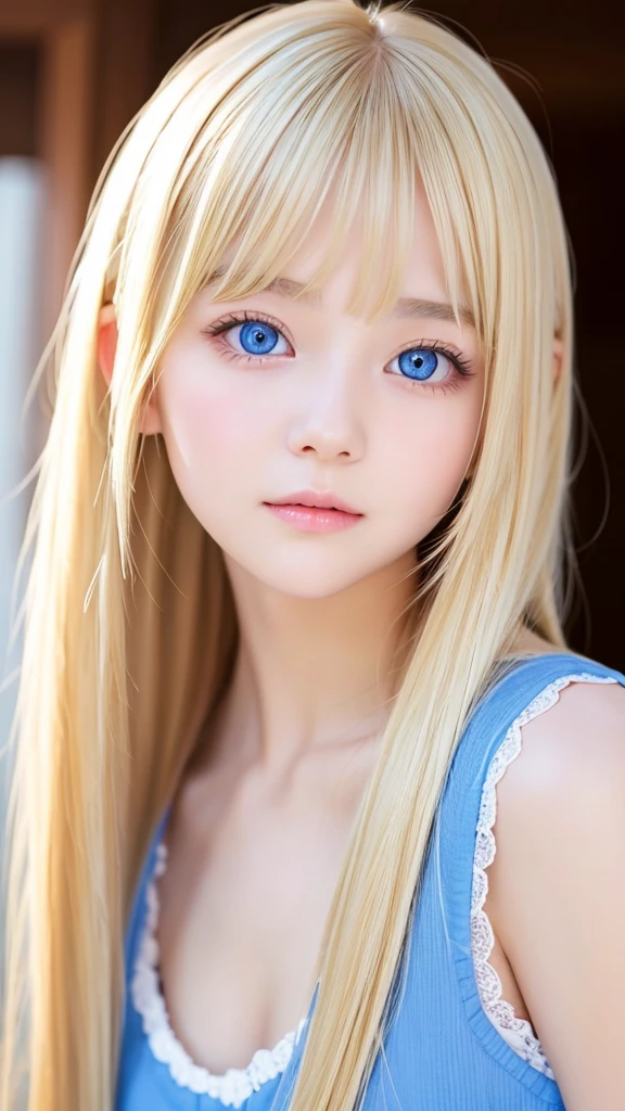 very beautiful face、Very beautiful super long silky shining bright blonde hair、long bangs between the eyes、14 year old cute sexy little girl、Very beautiful bright and shining sky blue big eyes、blonde hair above the eyes、片blonde hair above the eyes、blonde between the eyes、very big eyes、rich bust、white skin、Shiny skin、gross face、cheek gloss、eyeliner、small face beauty