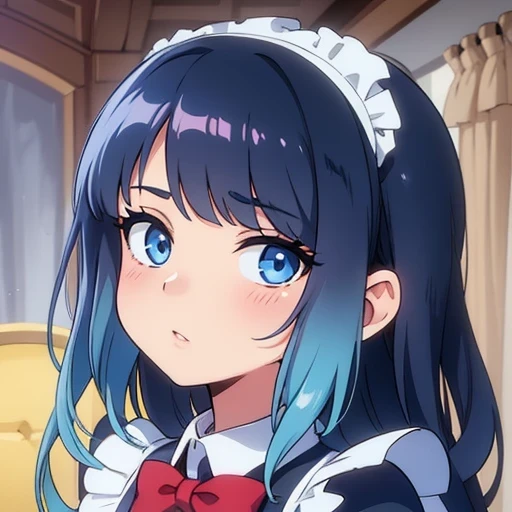 High quality, masterpiece (One girl) Dark hair. Blue eyes. maid outfit. red bow. Against the background of a luxurious room. Window with curtains. yellow table.