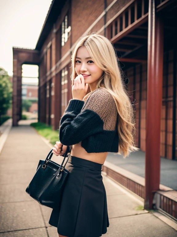 beautiful woman，Beauty，blonde(long hair)，highest quality，masterpiece，half face(Half Westerner and half Japan)，Female college student，20-year-old，sexy，tall，mini skirt(black)，最高のbeautiful woman，Red brick warehouse in Yokohama，go to university，Outstanding proportions，model body shape，Korean Fashion(Spring outfit coordination)，Fashionable，meeting，bright smile