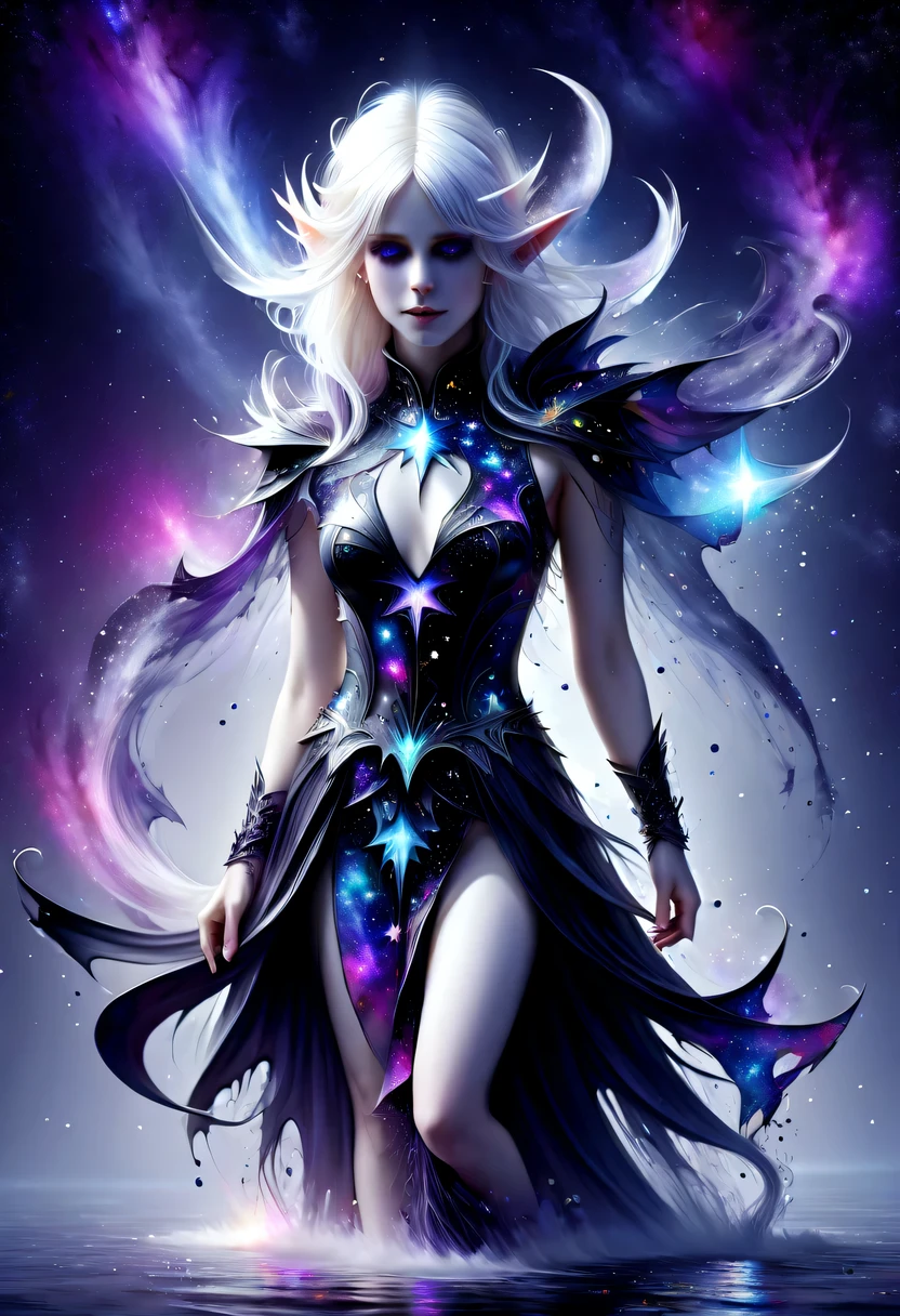 hyper detailed masterpiece, Dynamic, good quality,Liquor_dark,Elf portrait made of colorful stars,Pointy-eared elves,Starlight skirt,blond,water splash