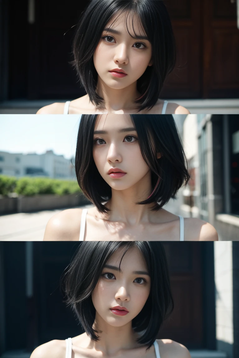 black hair, multicolored hair, short hair, angry, closed mouth, serious, serious, expressionless, anime, anime style, first-person view, Fujifilm, Nikon, cinematic lighting, Fujicolor, masterpiece, best quality, high details